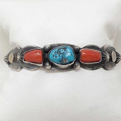 1512	

Native American Sterling Silver Turquoise and Coral Cuff-35.0g
Native American Sterling Silver Turquoise and Coral Cuff, Weighs...