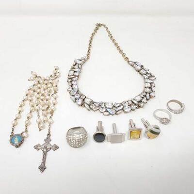 1676	

2 Sterling Silver Rings, Cuff Links, Rosary, Costume Necklace And Ring
Ring Sizes 7 And 8