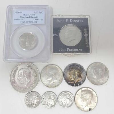 #1830 â€¢ 5 1776-1976 Kennedy Half Dollars, 3 1935-1937 Buffalo Nickels, 1 Maryland Sample Washington Quarte...