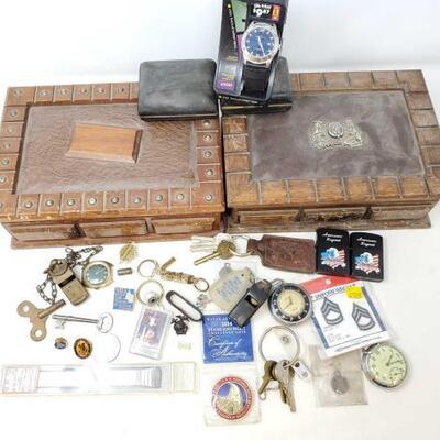 1690	

4 Jewlery Boxes And Other Miscellaneous Items
Includes Lins, Keychains, Keys, Lighters, Watches And More!