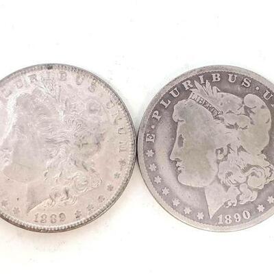 1713	

2 1889-P And 1890-O Morgan Silver Dollars
1889- Philadelphia Mint And 1890- New Orleans Mint Morgan Silver Dollars