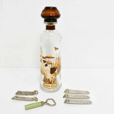 6 Vintage Bottle Openers & Cabin Still Decanter