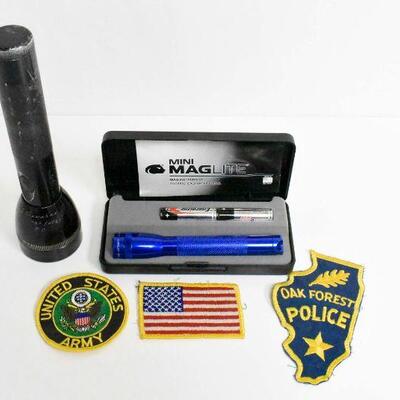 2 Mag Lite Flashlights and 3 Patches