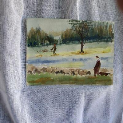 Original watercolor pastoral scene