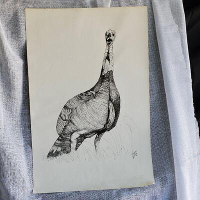 Turkey etching, beautifully done great for a Thanksgiving dinner hung over the feast.