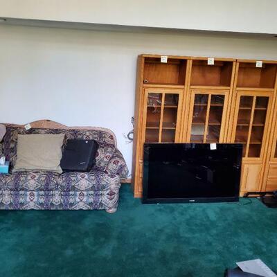 Samsung 55", 4 oak cabinets, broyhill couch