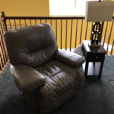 Leather Recliner, 43â€ W x 39â€ D x 18â€ H to seat, 35â€ H to back