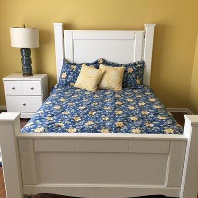 Queen-Sized Bed (mattress not included) and Single White Nightstand, 24.5â€ W x 16â€ D x 28.5â€ H