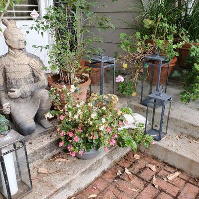 Plants, planters, statuary, outdoor lighting