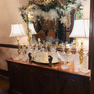 Waterford Crystal Decanters, Brass, Mirror, and Thomasville Sidebar
