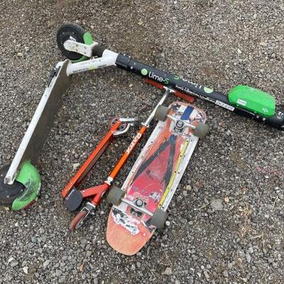 #81102 â€¢ Electric Lime Scooter, Razor Scooter, and Skateboard