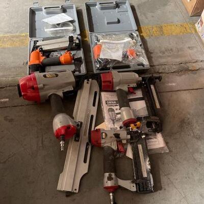 #6510 â€¢ Three central pneumatic guns .1 nail gun and to staple guns. Two air ace staple guns
