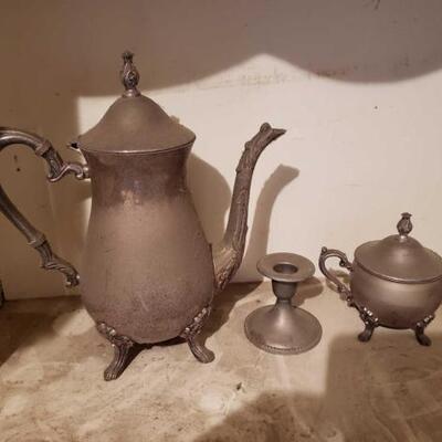 #5050 â€¢ Sherdan Silversmiths Tea Kettle, Sugar Jar, And Candle Stick Holder