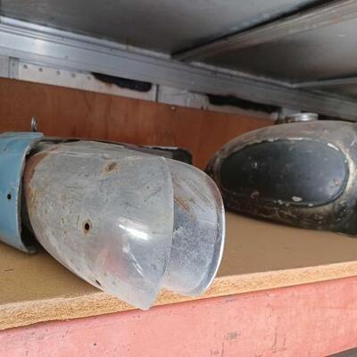 #8946 â€¢ Three Vintage Motorcycle Front Wheel Fenders, One Rear Wheel Fender, Three Exhaust Tail Pipes, Hon.