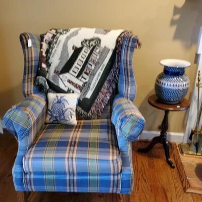 Plaid wing chair