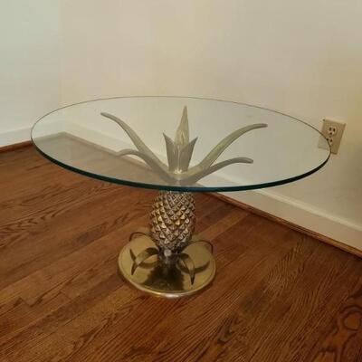 MCM Hollywood Regency glass table/ brass pineapple base