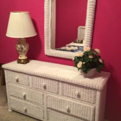 White wicker dresser and mirror $65