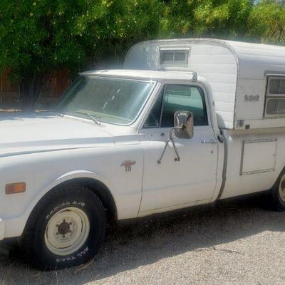 1967 Chevrolet Custom 10 pickup truck, with Vintage Alaskan pop-up camper shell.
