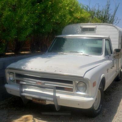 1967 Chevrolet Custom 10 pickup truck, with Vintage Alaskan pop-up camper shell.