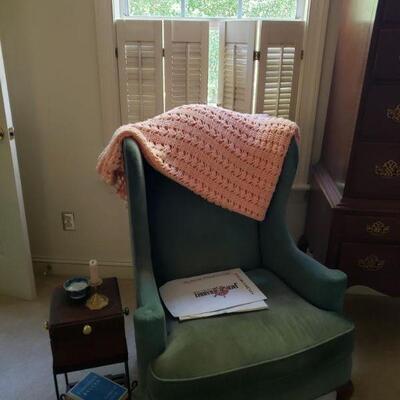 Green velour wingback chair $45.00