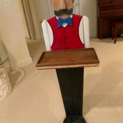 Wooden butler waiter statue - man holding tray 