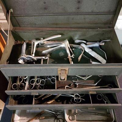 Metal Tool Box with Vintage Medical Instruments