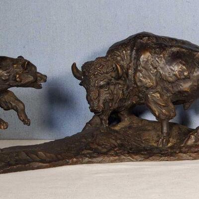 Bronze American Bison & Bear Reproduction Sculpture