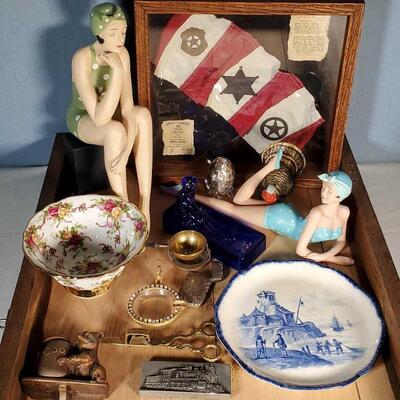 Tray Lot of Collectibles with Bathing Beauties Figurines, Porcelains, and More