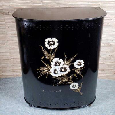 Vintage MCM Black And Floral Metal Hamper