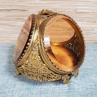 Vintage 3-Sided Gold Gilt Beveled Glass Jewelry/Trinket Box Casket