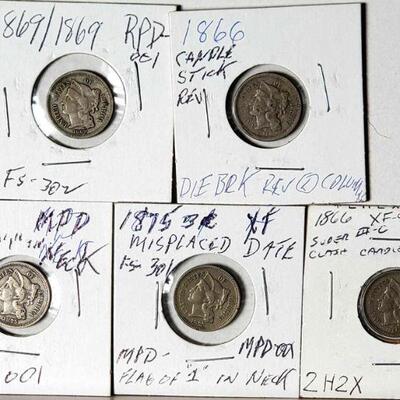 5 Die Variety Three Cent Nickels - 2 1866 Candlestick, 1869/1869 RPD-001 and 2 1875 FS-301 MPD-001
