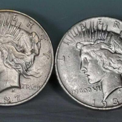 2 Better Date US Silver Peace Dollars - 1927-D and 1935