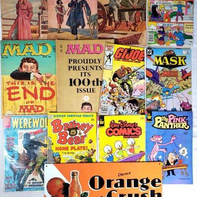 Vintage Comic Books and Retro Orange Crush Sign