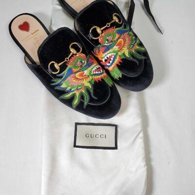 Authentic Pre-Owned Gucci Princetown Black Velvet Emboridered Dragon Mules