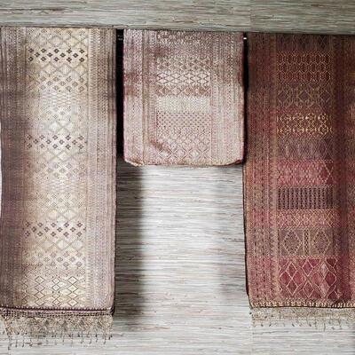 3 Antique Indonesian Silk & Gold Brocade Songkets Shoulder Cloths & Alter Textile