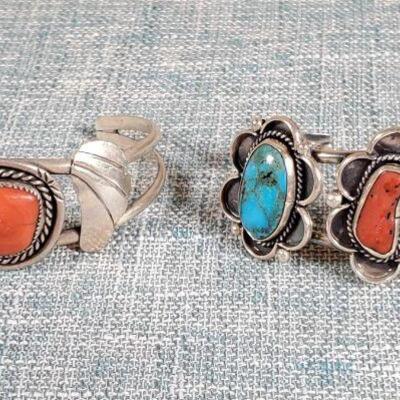 2 Navajo Cuff Turquoise & Coral Sterling Silver Cuff Bracelets