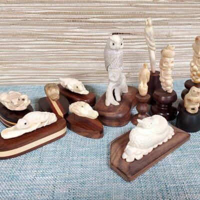 12 Antler Artisan Hand Carved Small Animals Mounted on Wood Bases