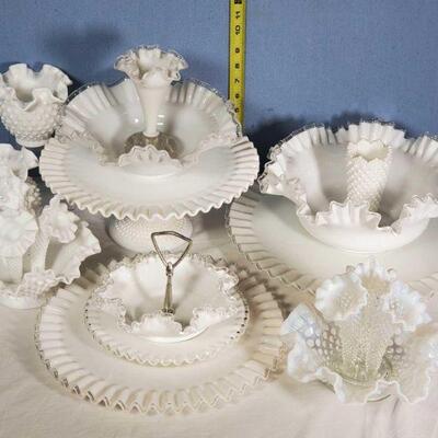 Fenton Hobnial Milk Glass, Silver Crest and French Opalescent Glass