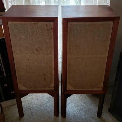 Pair of vintage Acoustic Research AR-3a loudspeakers with original wooden stands.