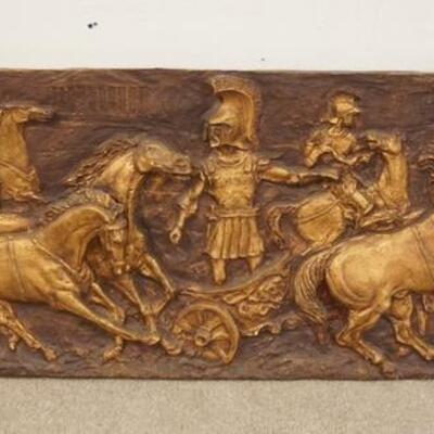 1321	HIGH RELIEF WALL PLAQUE W/CHARIOTS & WARRIORS, COMPOSITION, 68 IN WIDE X 24 IN HIGH
