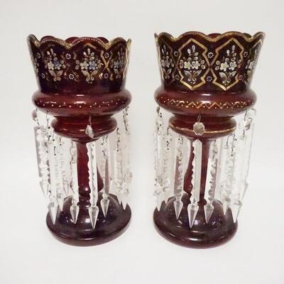 1047	PAIR OF RUBY GLASS HAND PAINTED LUSTERS W/CUT PRISMS, 14 1/4 IN HIGH
