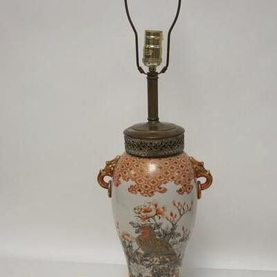 1246	HAND PAINTED ASIAN LAMP, BIRD IN A FLOWERING TREE, FIGURAL HANDLES, 34 1/4 IN HIGH
