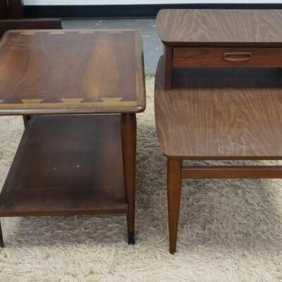 1351	2 MID CENTURY MODERN LANE END TABLES, ONE W/ VISIBLE DOVETAILS,  ONE STEP BACK W/ DRAWER. DOVETAILED TABLE HAS SOME SCRATCHES ON THE...
