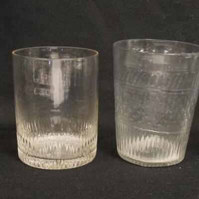 1138	4 MOLD BLOWN FLIP GLASSES, ONE IS ETCHED AT THE TOP RIM, 2 ON THE RIGHT ARE FLINT, 4 1/4-5 IN HIGH
