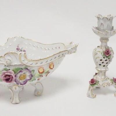 1045	3 PIECE PORCELAIN LOT, VON SHIERHOLZ FOOTED BOWL, 11 IN W/CHIPS ON THE FLOWERS & A PAIR OF CAPODIMONTE CANDLESTICKS
