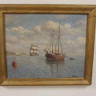 1206	H HOWE SEASCAPE W/SHIPS, OIL ON CANVAS W/GILT FRAME, 26 1/2 IN X 22 1/2 IN
