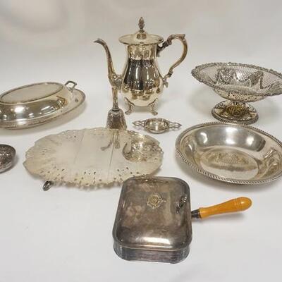 1319	LOT OF SILVER PLATE W/SERVING PIECES, ETC, TEAPOT IS 10 1/4 IN
