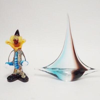 1038	2 PIECE HAND MADE GLASS FIGURES, SWEDISH SAILBOAT AND AN ITALIAN CLOWN, BOAT  IS RONNEBY, SWEDEN, CLOWN MADE IN MURANO, SAILBOAT IS...
