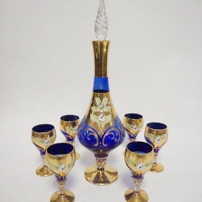 1035	ITALIAN BLOWN GLASS 7 PIECE CORDIAL SET, COBALT BLUE W/GOLD TRIM & APPLIED CERAMIC FLOWERS
