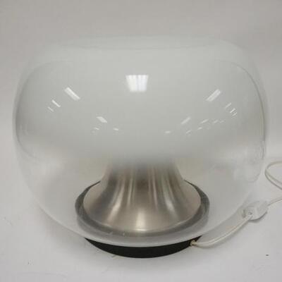 1094	UNUSUAL MODERN TABLE LAMP, HAS A WHITE TO CLEAR SHADE, 14 IN HIGH X APPROXIMATELY 17 IN DIAMETER
